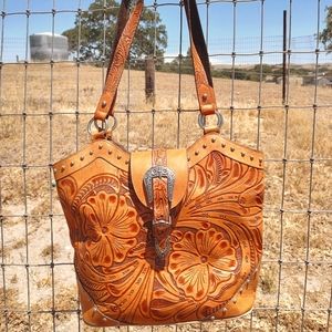 Vintage Tooled Leather Tote Bag